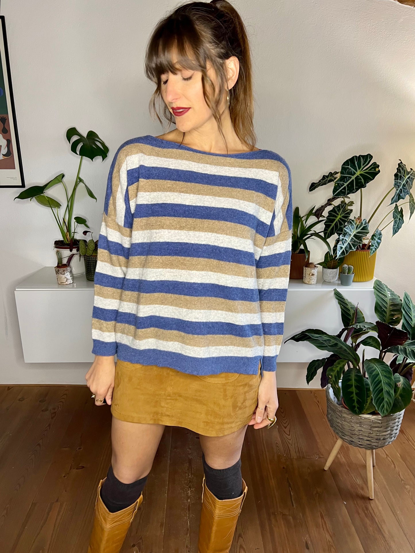 1990's vintage blue and tan stripe cashmere blend pullover