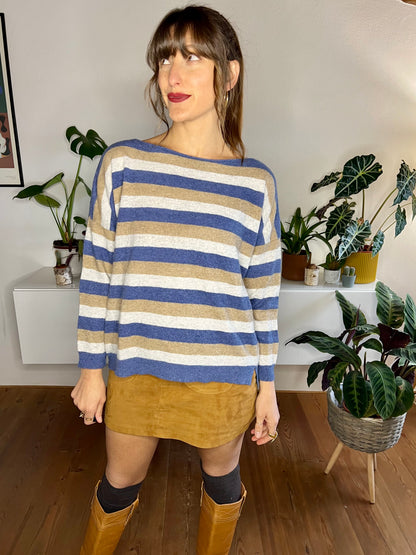 1990's vintage blue and tan stripe cashmere blend pullover