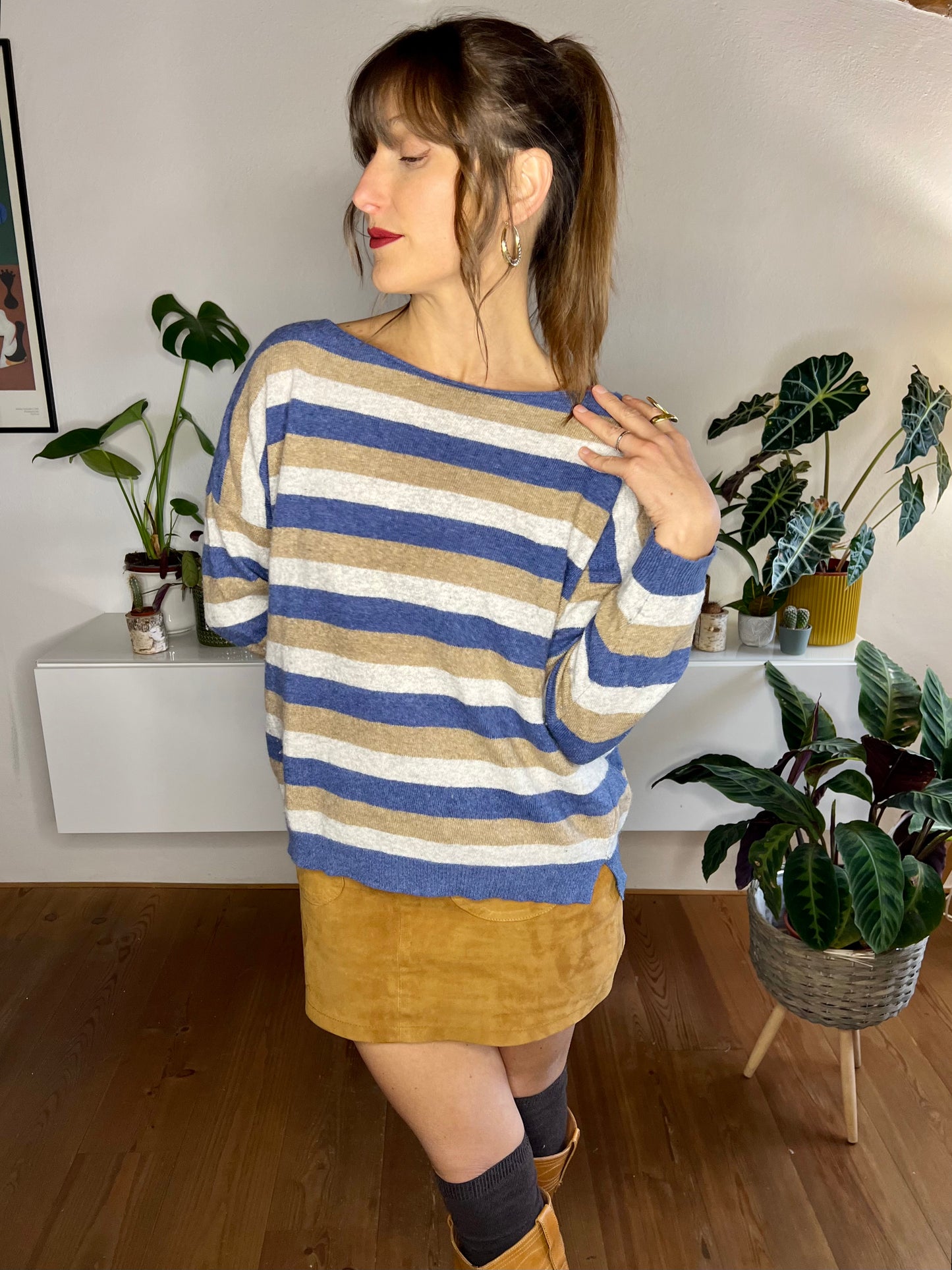 1990's vintage blue and tan stripe cashmere blend pullover