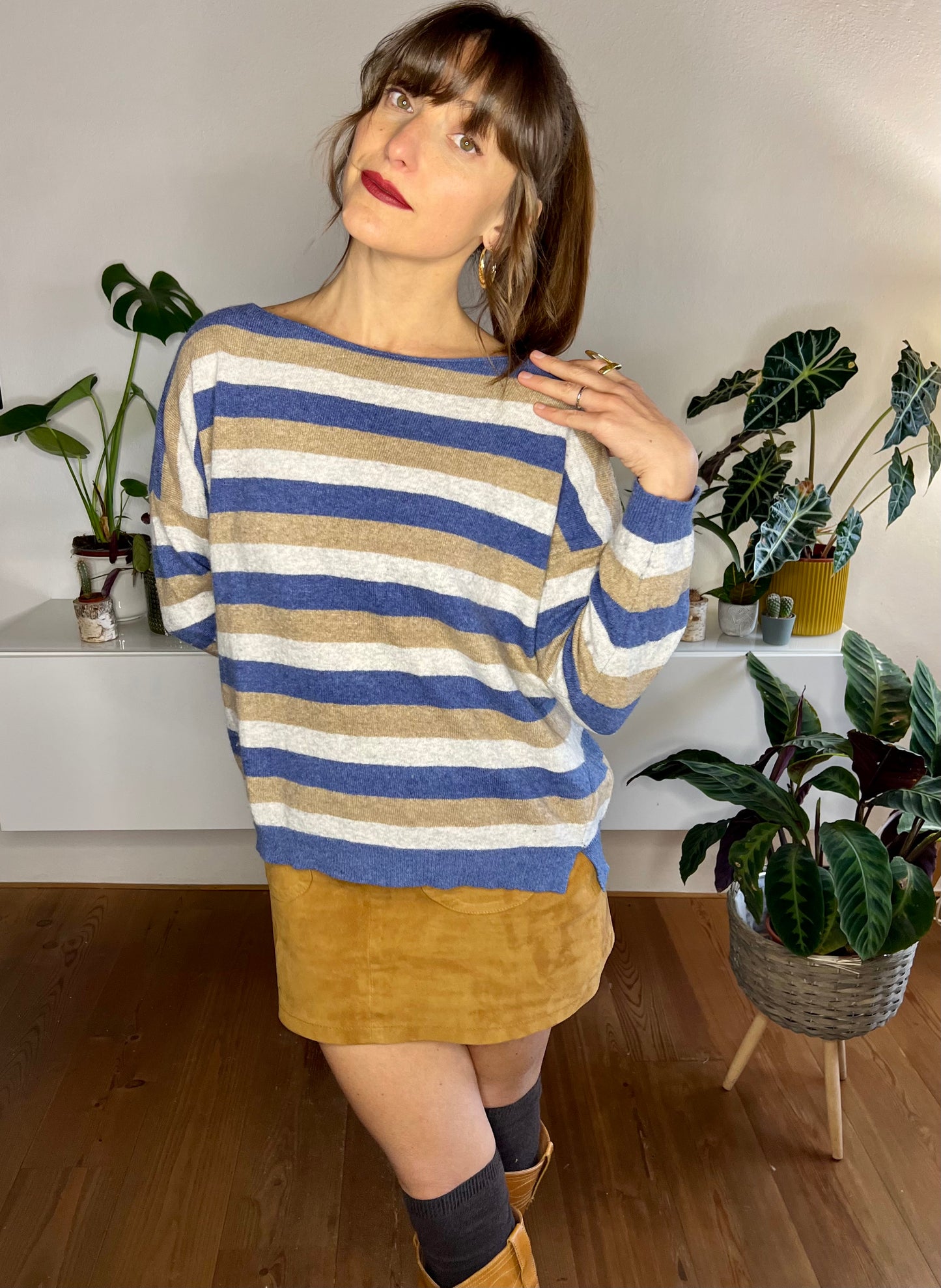 1990's vintage blue and tan stripe cashmere blend pullover