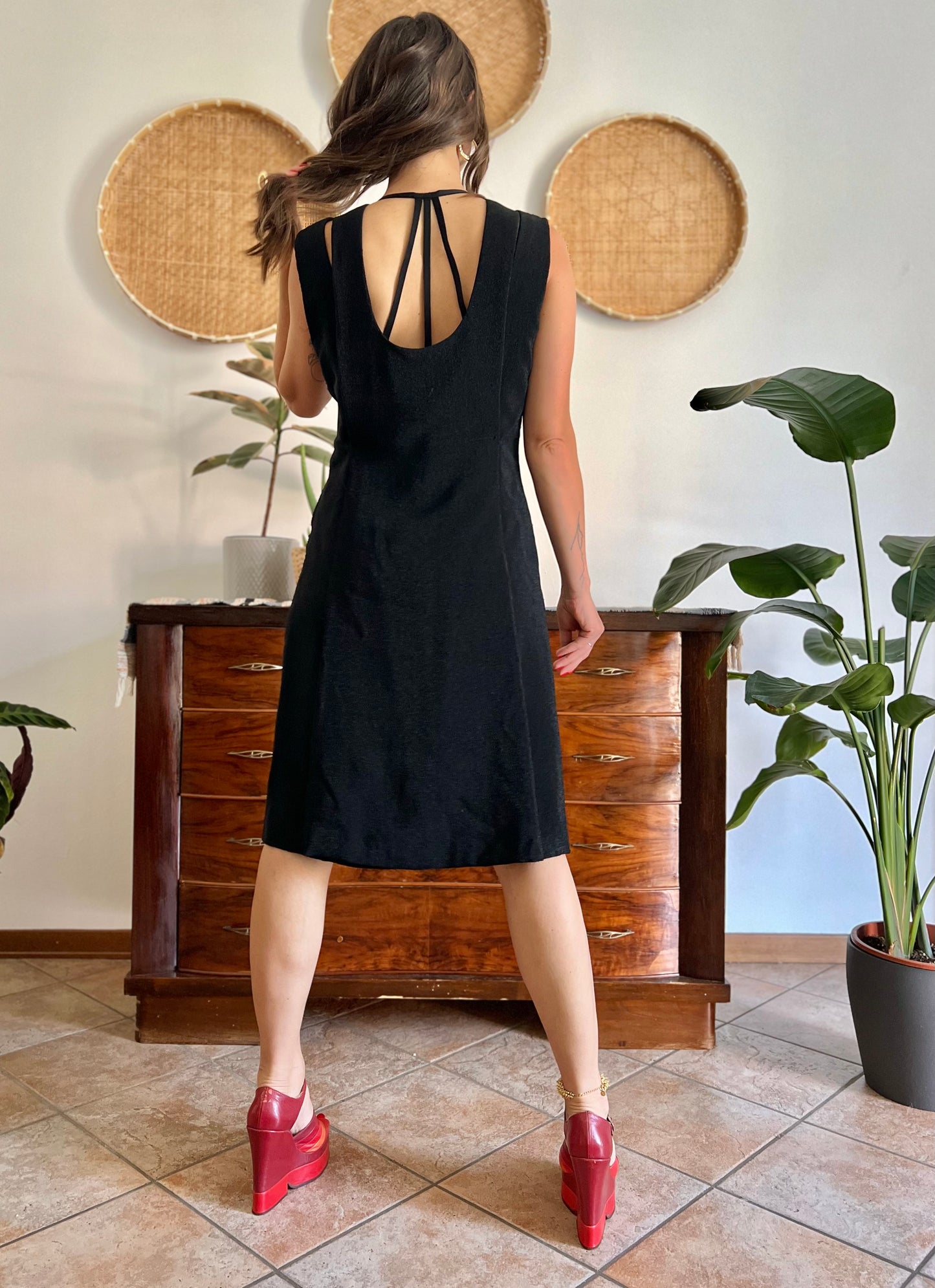 1970's vintage textured black metallic midi dress with bow detail