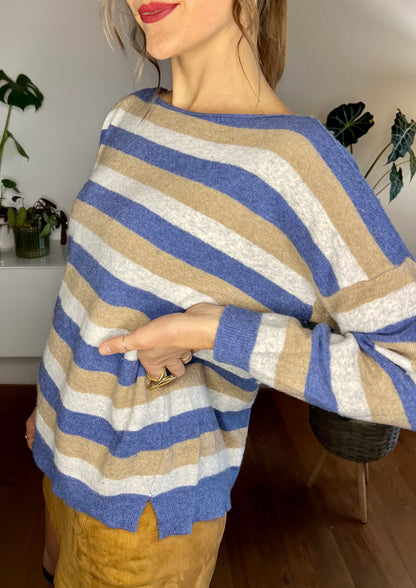 1990's vintage blue and tan stripe cashmere blend pullover