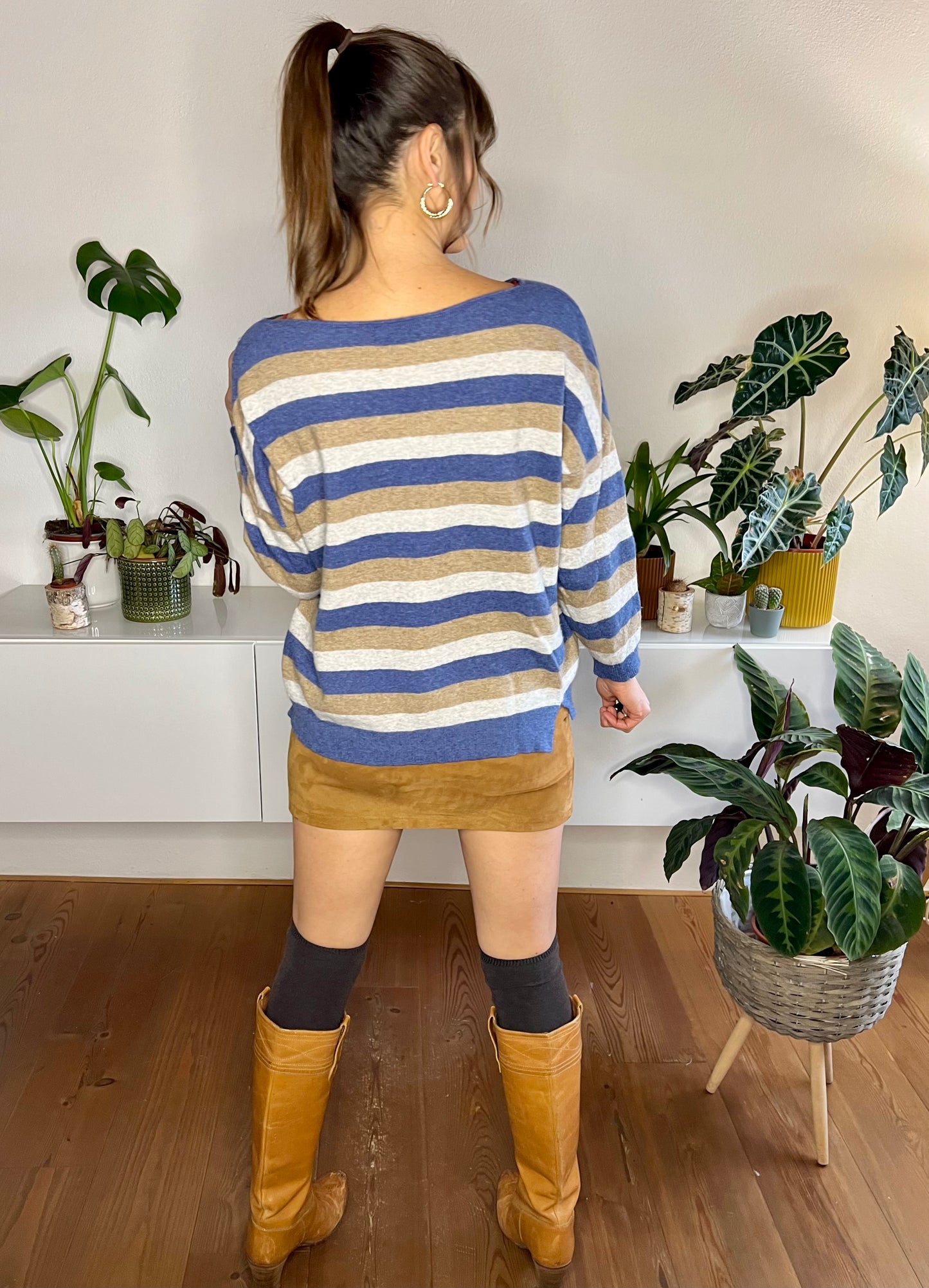 1990's vintage blue and tan stripe cashmere blend pullover