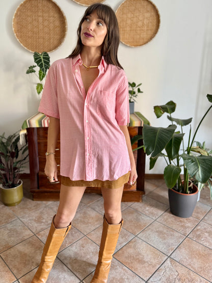 1970's vintage pink and white oversize checkered shirt