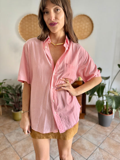 1970's vintage pink and white oversize checkered shirt