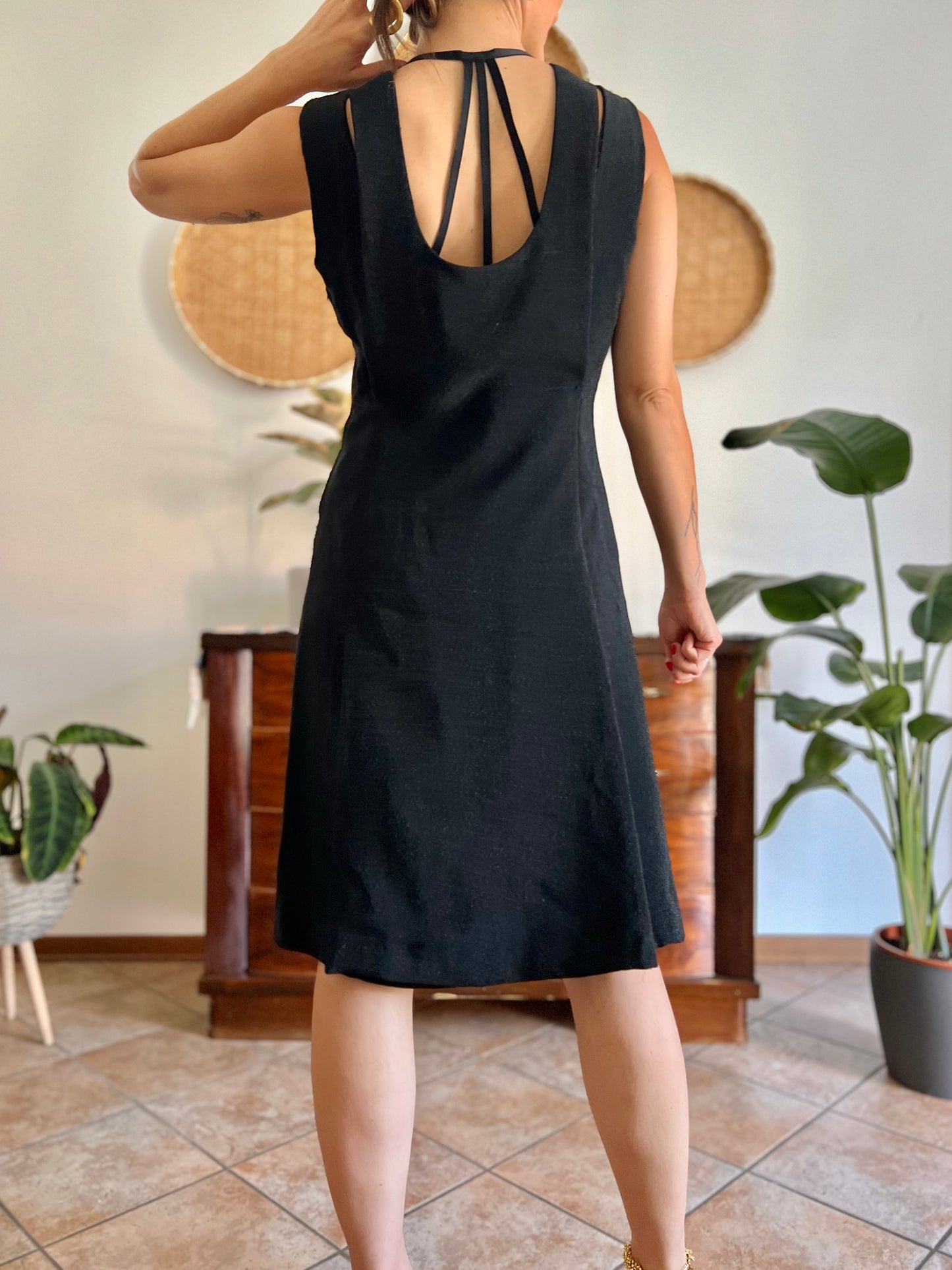 1970's vintage textured black metallic midi dress with bow detail