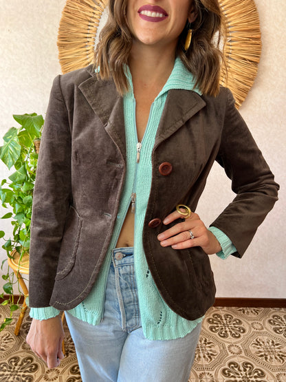 1990's vintage dark khaki green crushed velvet blazer