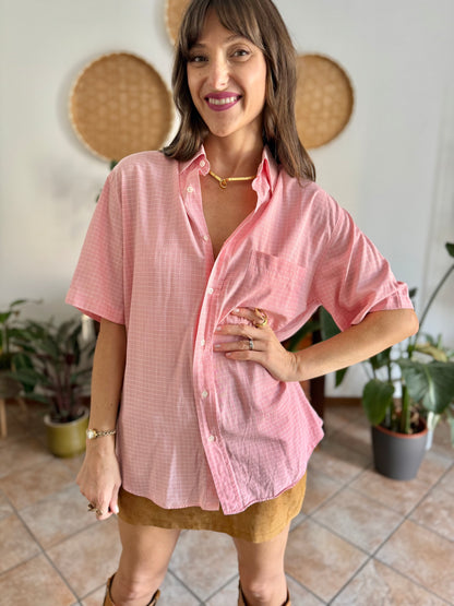 1970's vintage pink and white oversize checkered shirt