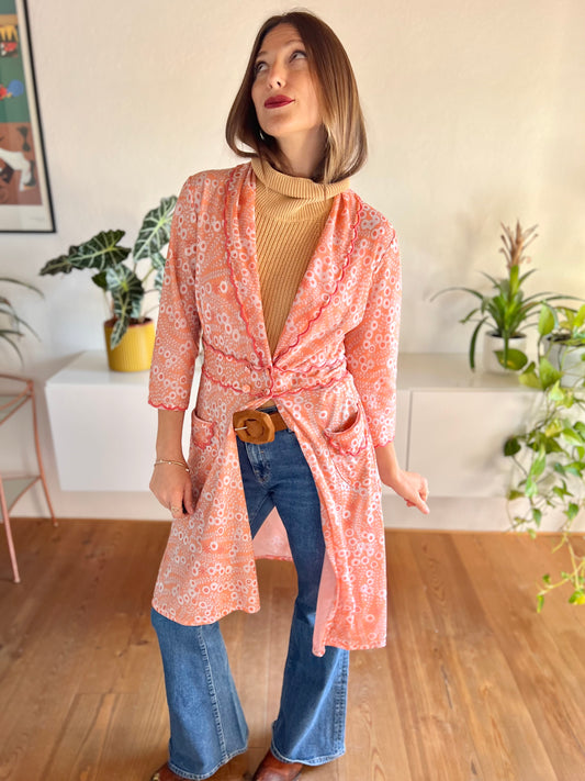 1970's vintage coral house coat with grey floral print