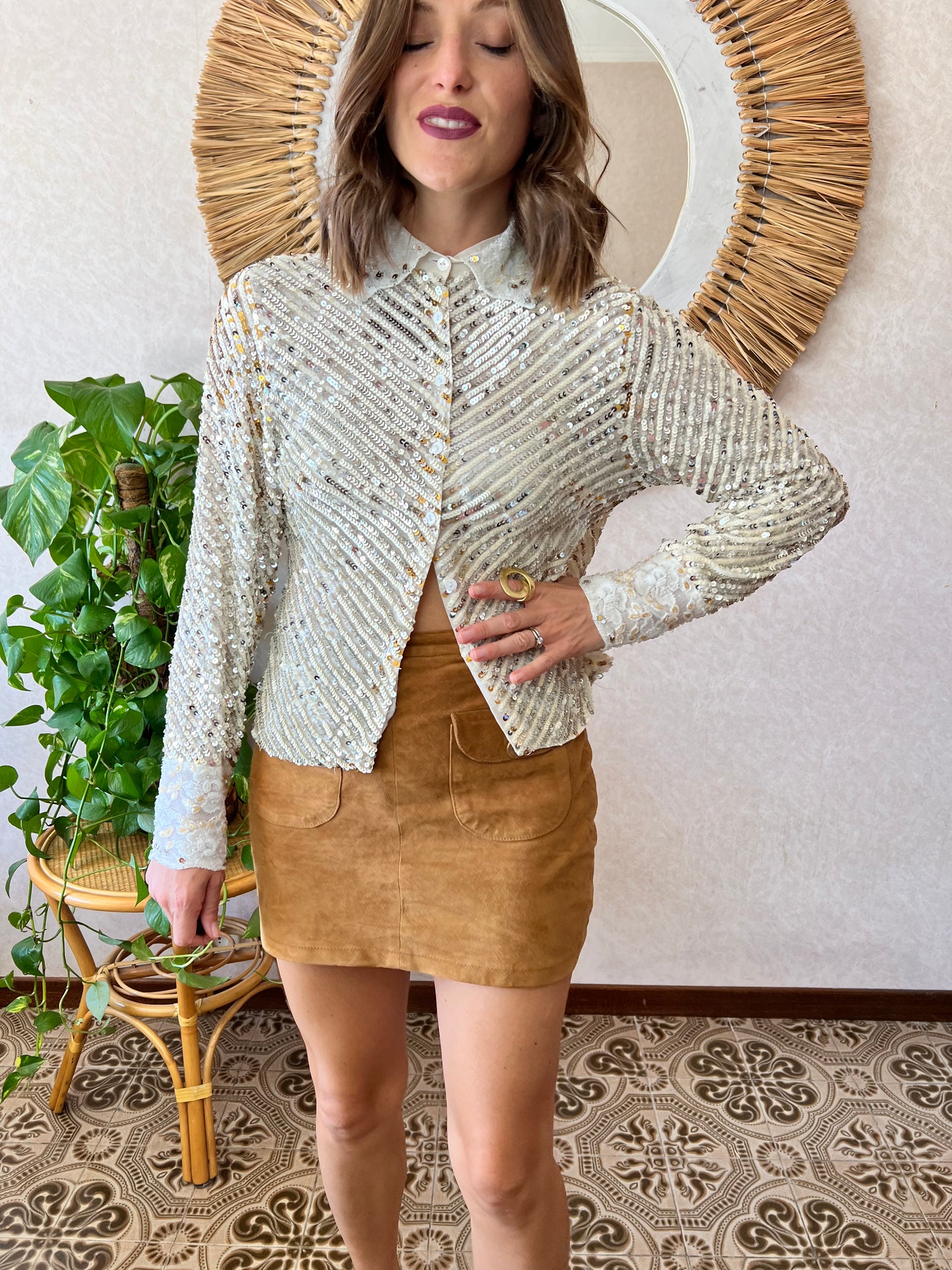 1990's vintage silver and gold sequin blouse with glass bead details