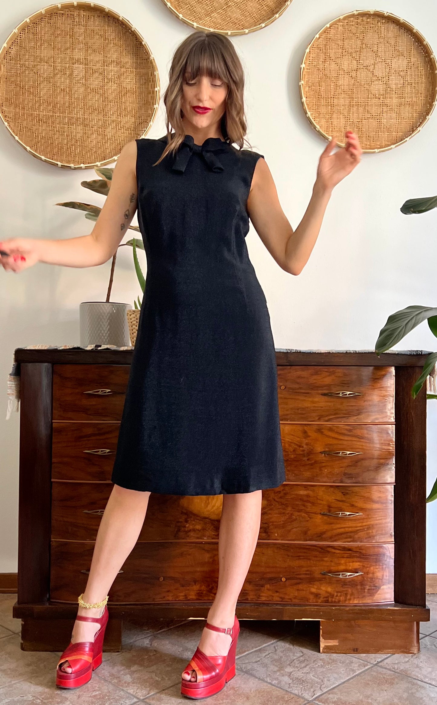 1970's vintage textured black metallic midi dress with bow detail