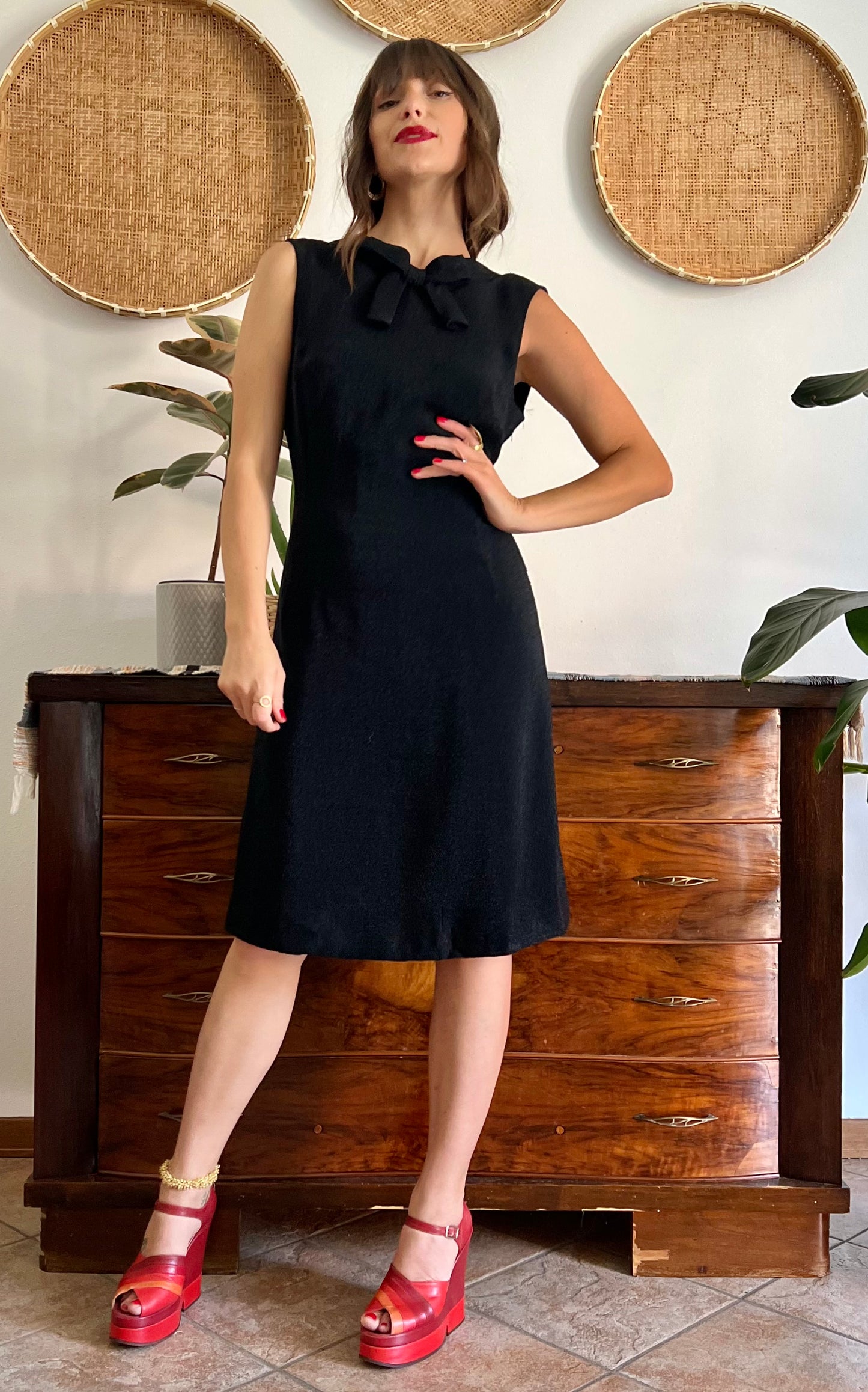 1970's vintage textured black metallic midi dress with bow detail