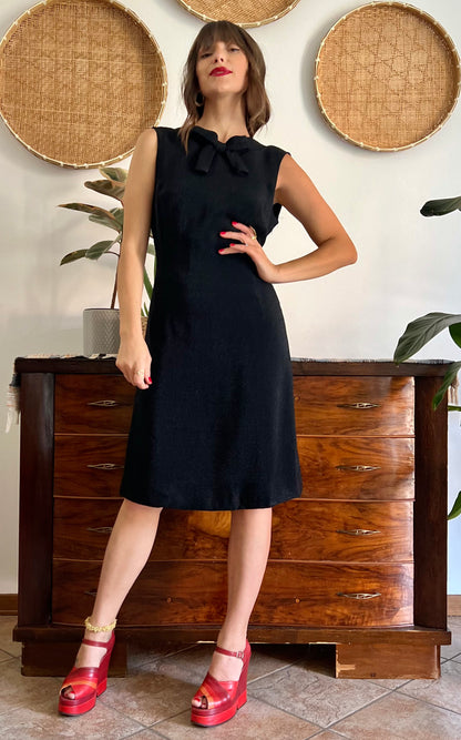 1970's vintage textured black metallic midi dress with bow detail