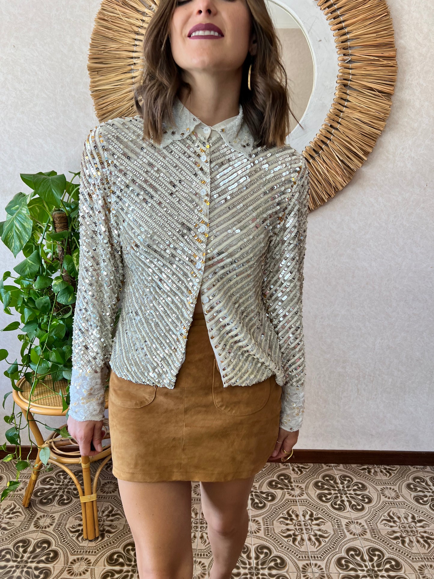 1990's vintage silver and gold sequin blouse with glass bead details