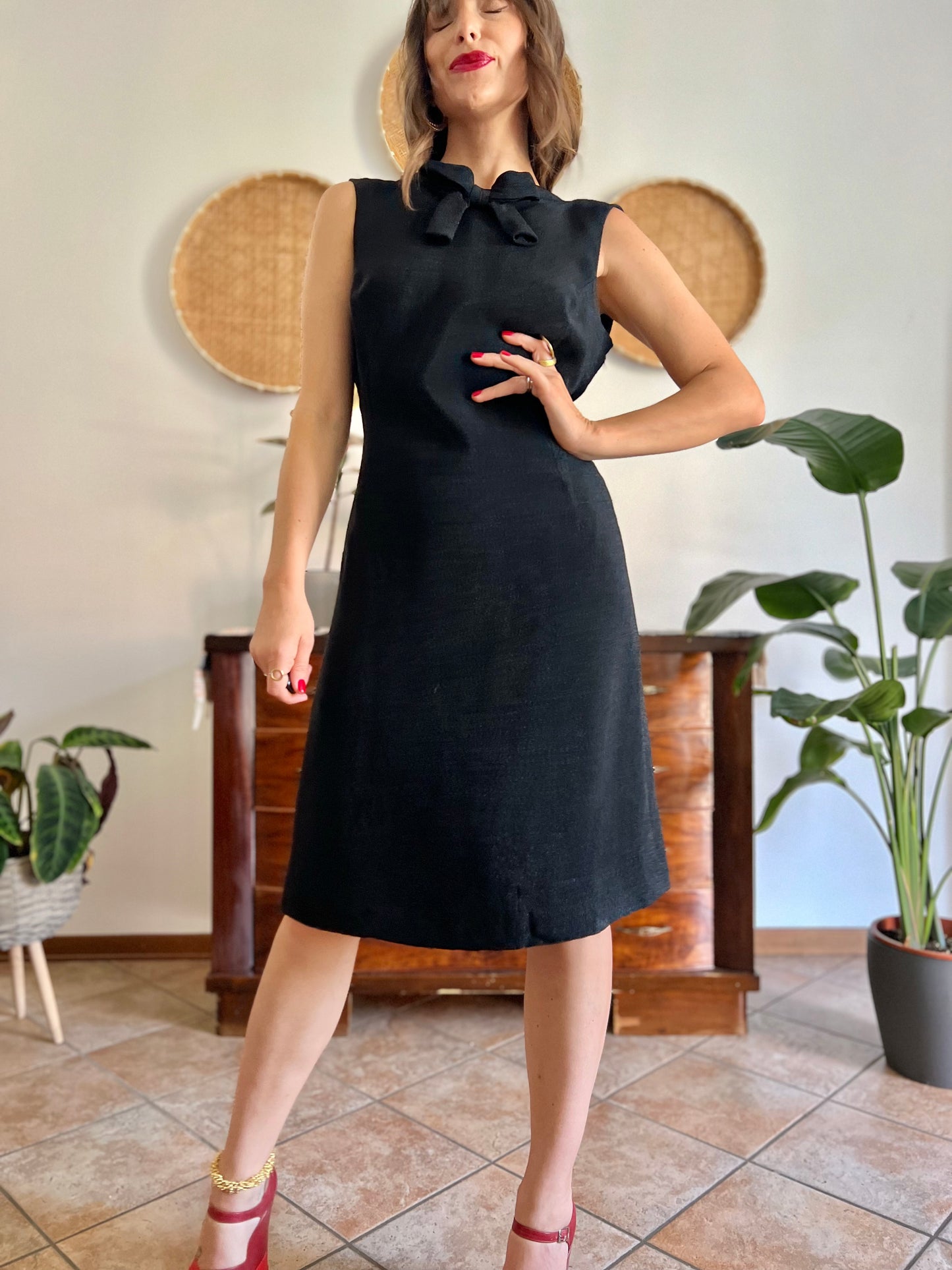 1970's vintage textured black metallic midi dress with bow detail