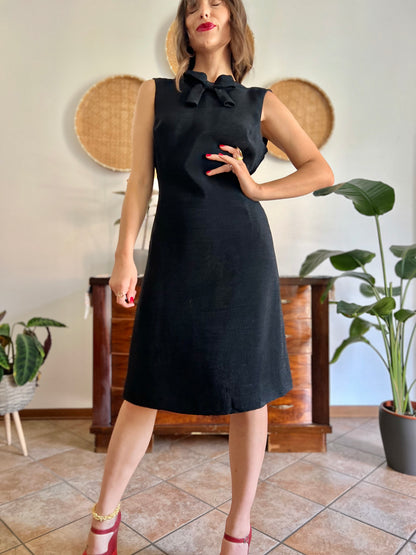 1970's vintage textured black metallic midi dress with bow detail