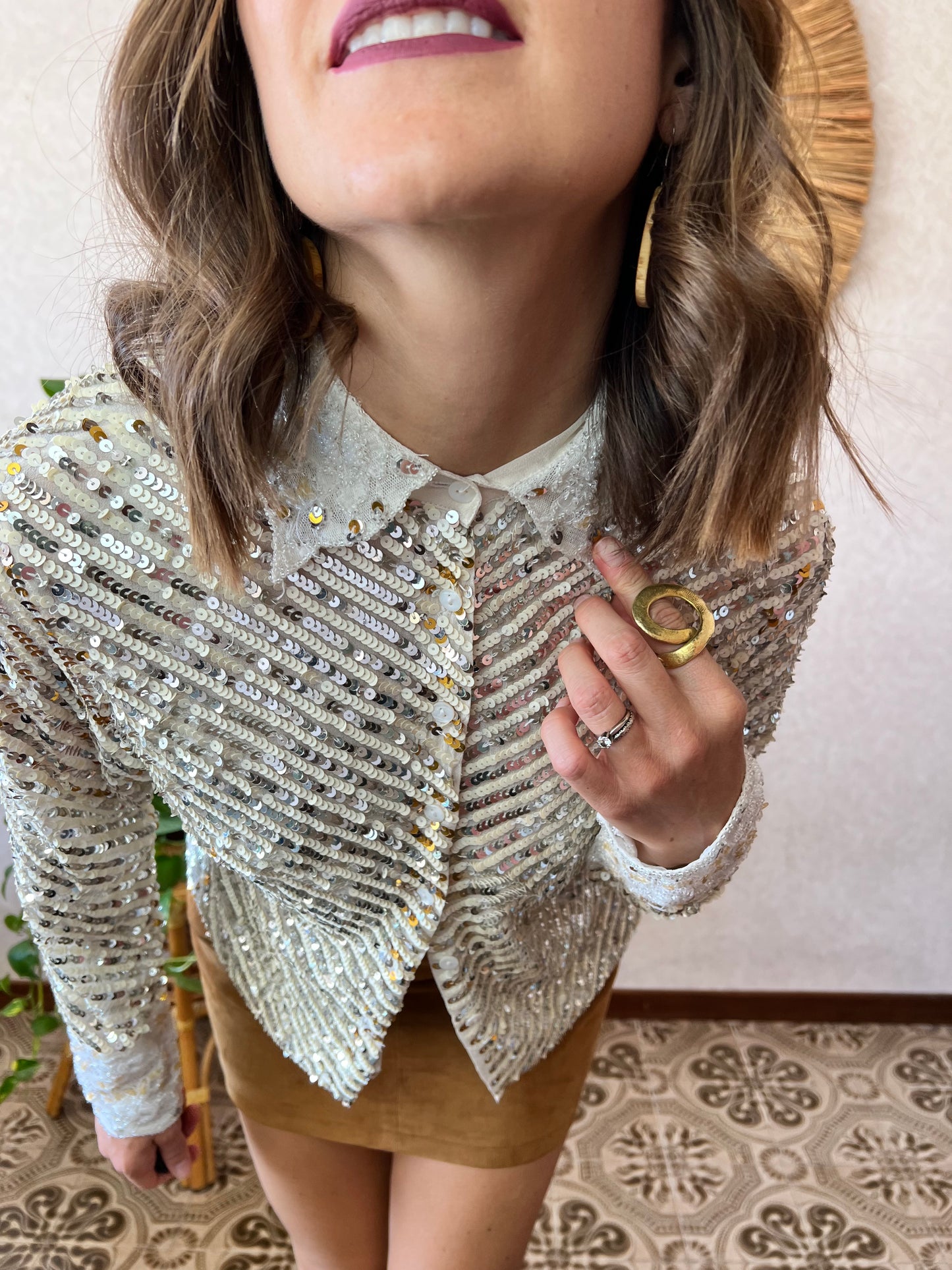 1990's vintage silver and gold sequin blouse with glass bead details