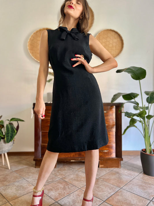 1970's vintage textured black metallic midi dress with bow detail