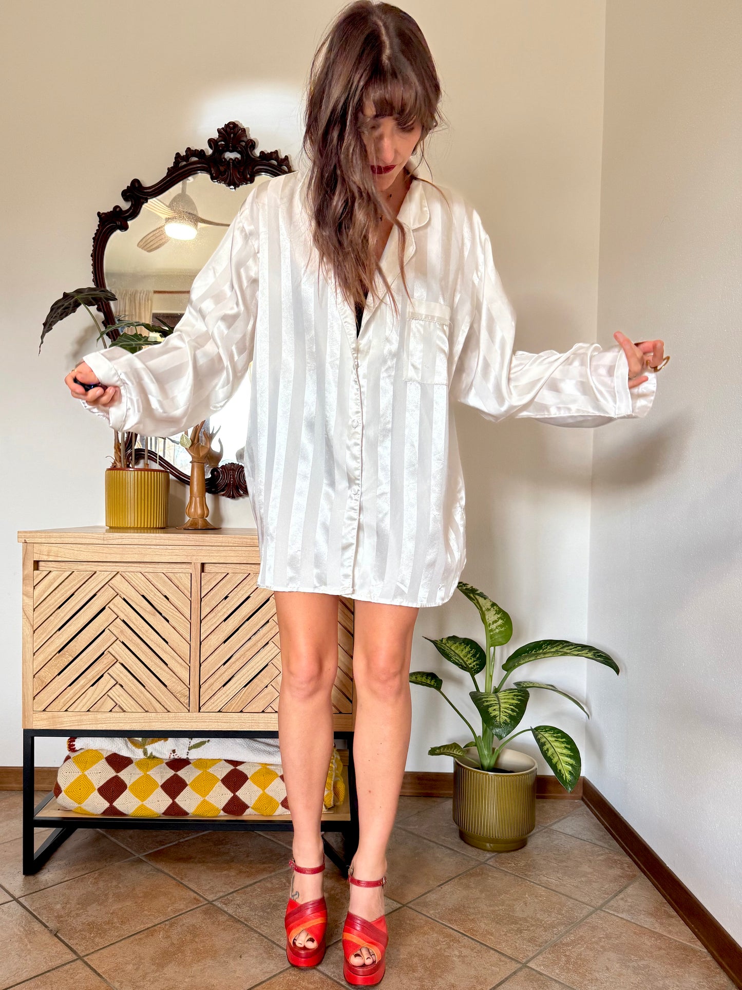 1990's vintage two tone white stripe oversize silk blouse