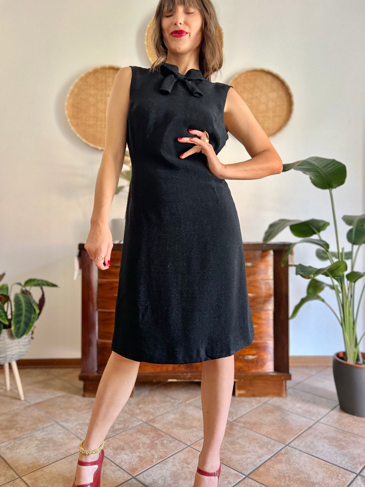 1970's vintage textured black metallic midi dress with bow detail