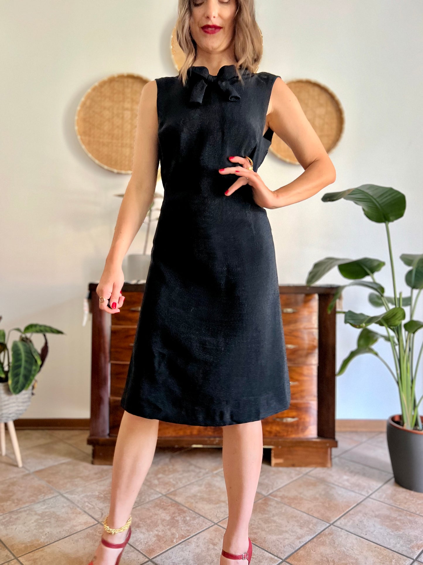 1970's vintage textured black metallic midi dress with bow detail