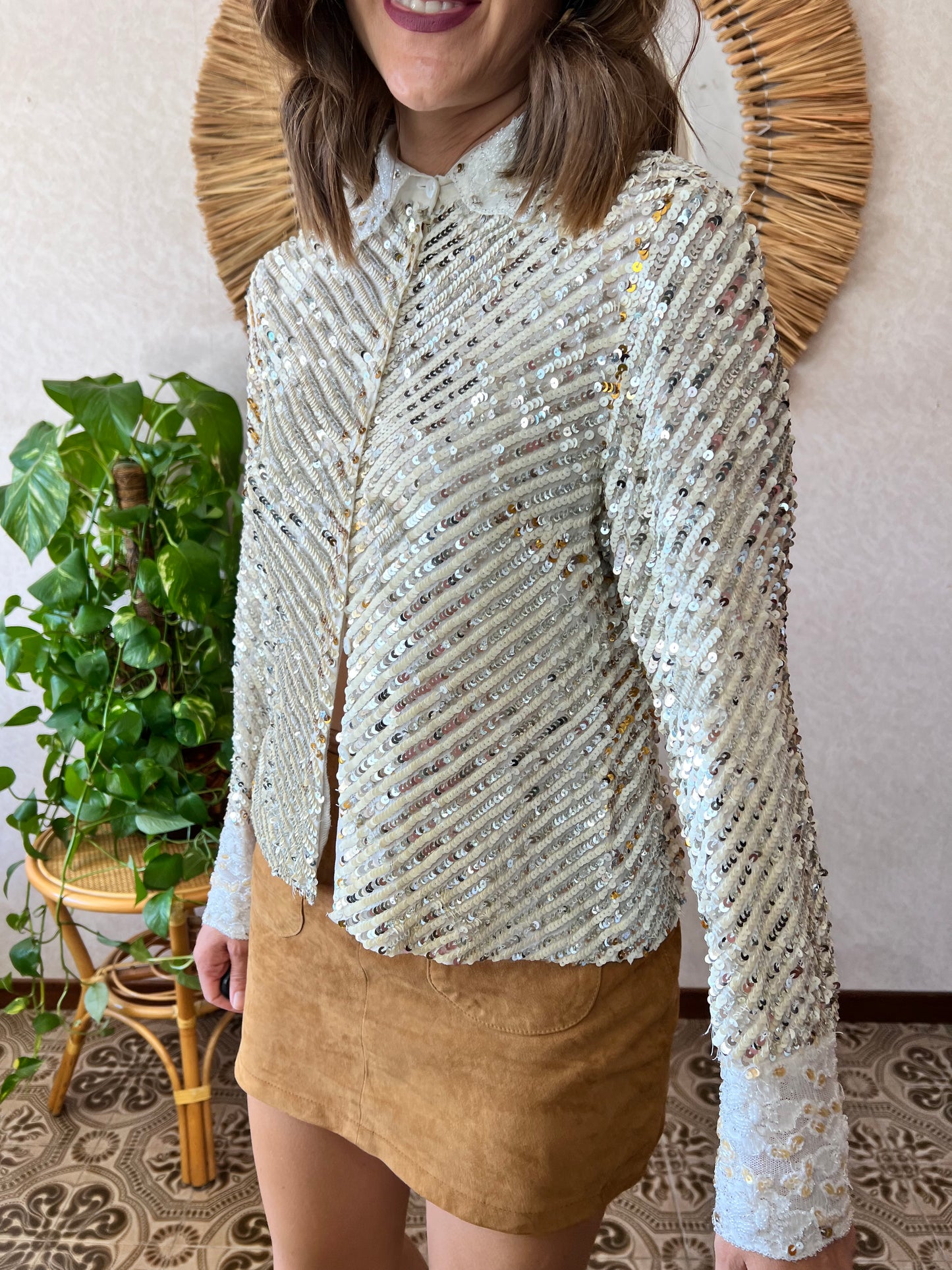 1990's vintage silver and gold sequin blouse with glass bead details