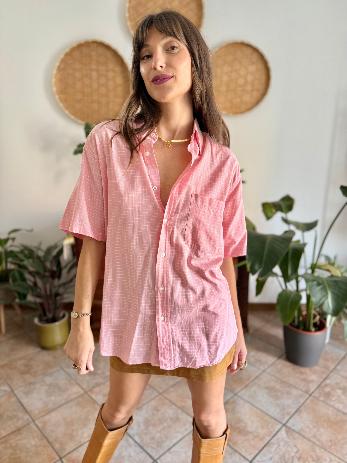 1970's vintage pink and white oversize checkered shirt