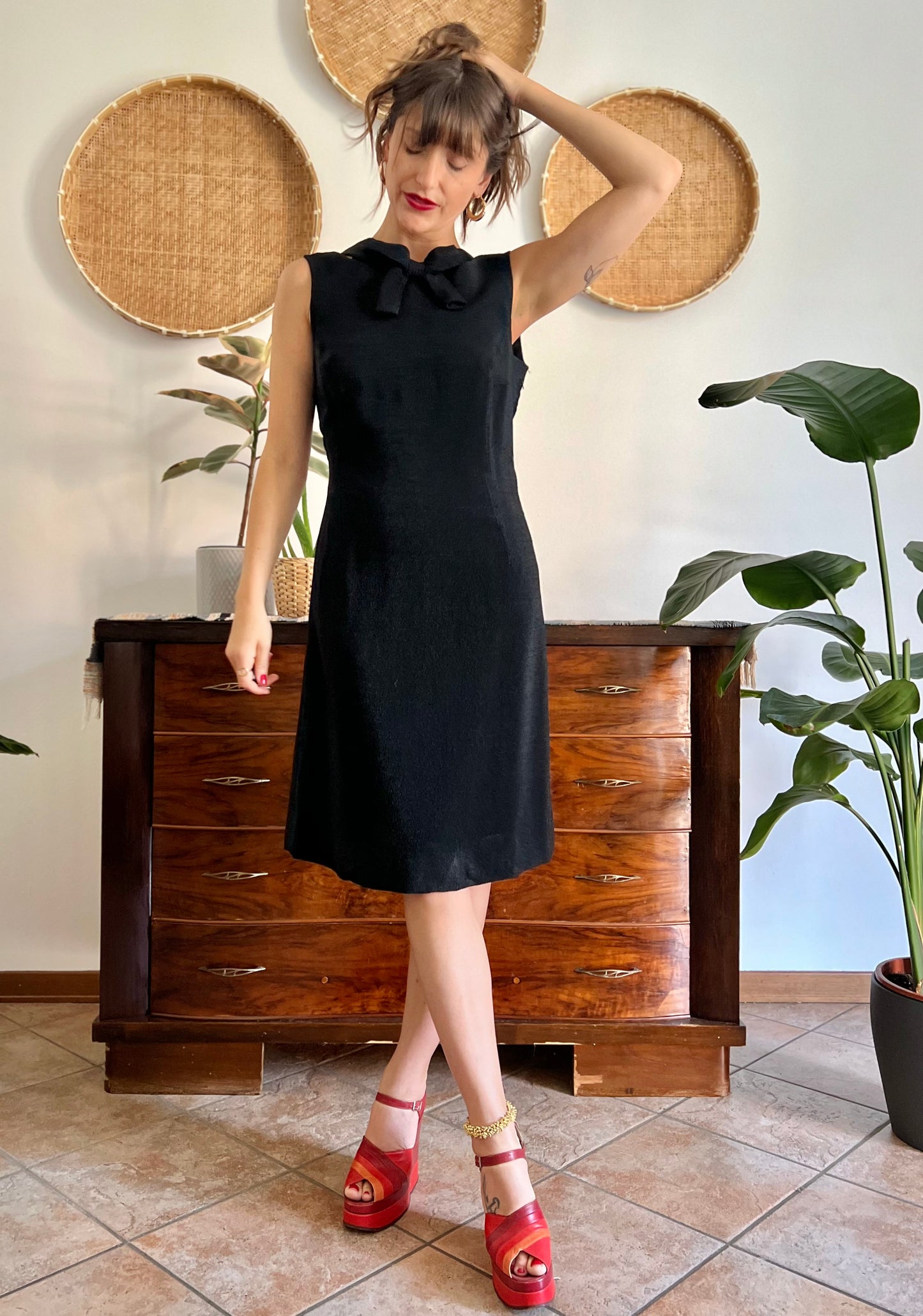 1970's vintage textured black metallic midi dress with bow detail