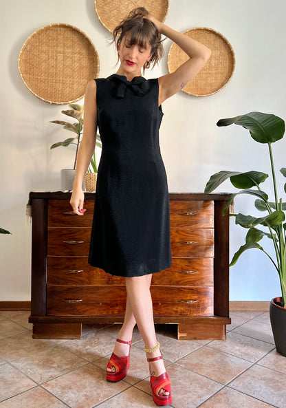1970's vintage textured black metallic midi dress with bow detail