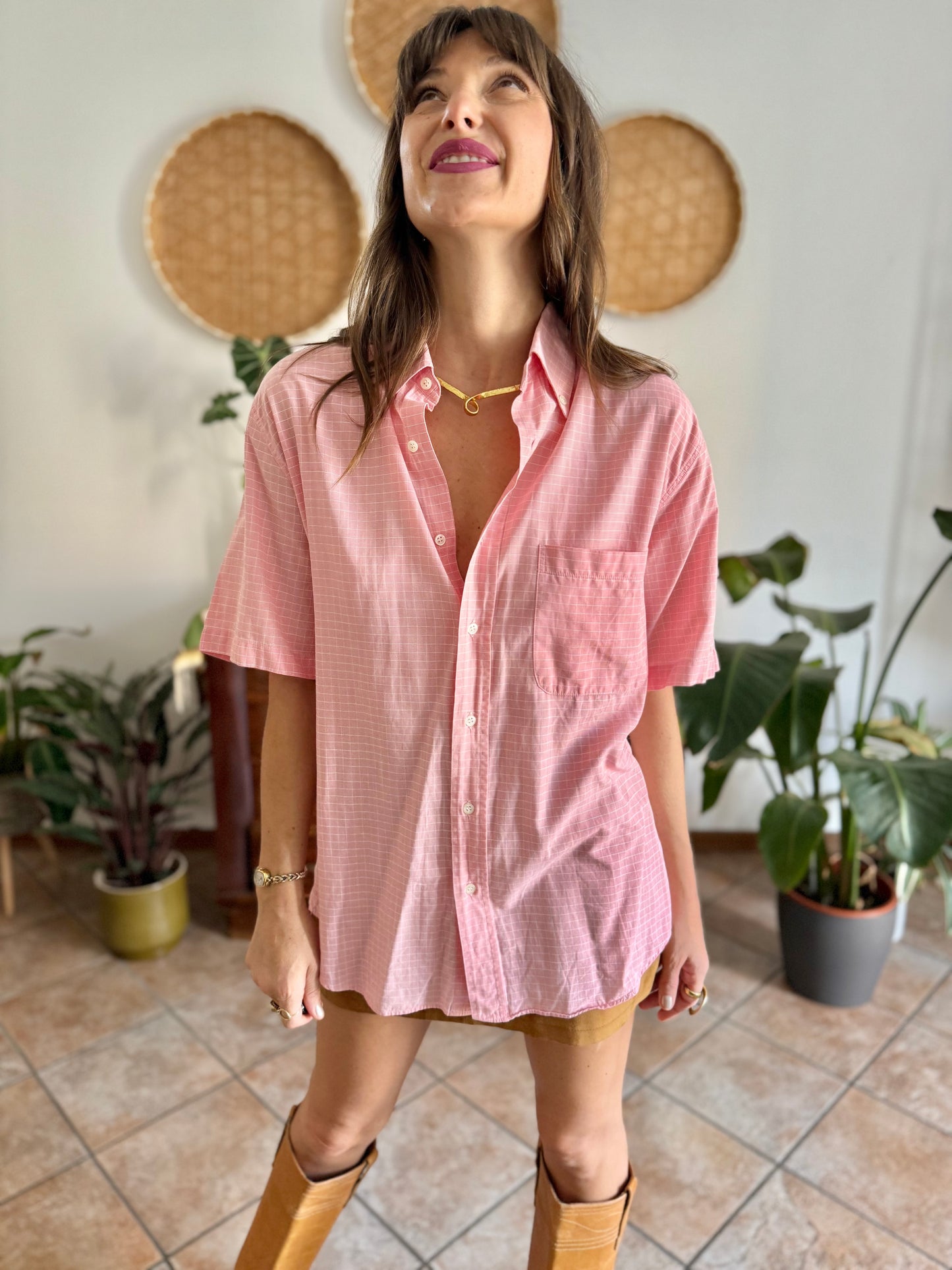 1970's vintage pink and white oversize checkered shirt