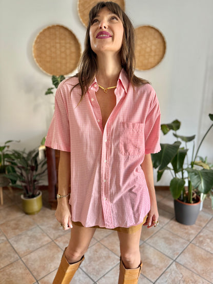 1970's vintage pink and white oversize checkered shirt