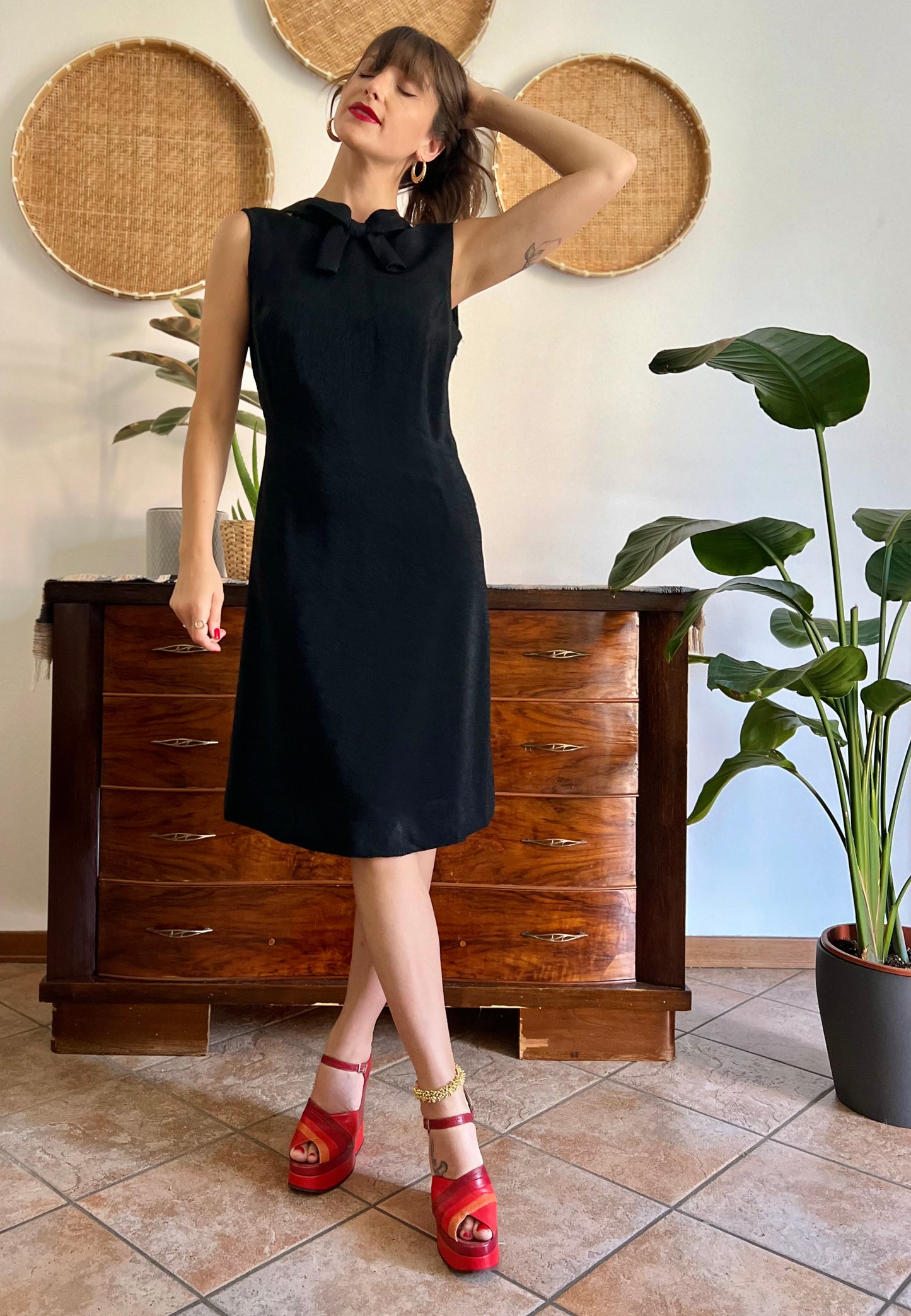 1970's vintage textured black metallic midi dress with bow detail