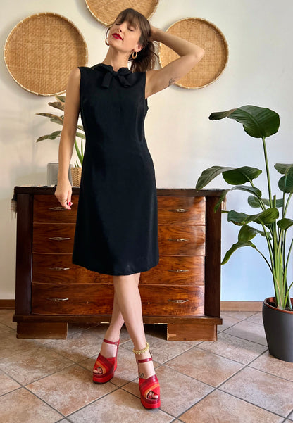 1970's vintage textured black metallic midi dress with bow detail