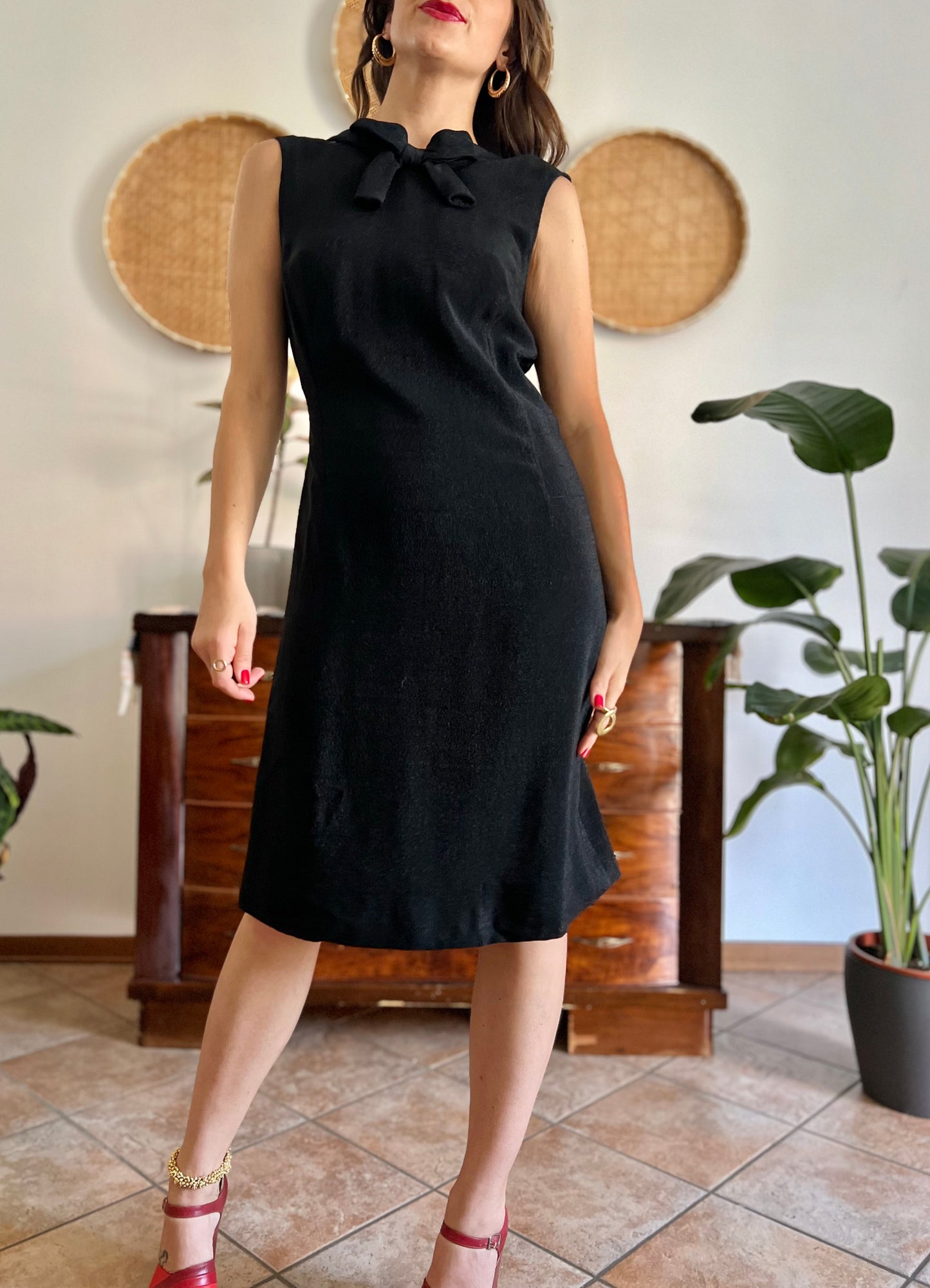 1970's vintage textured black metallic midi dress with bow detail