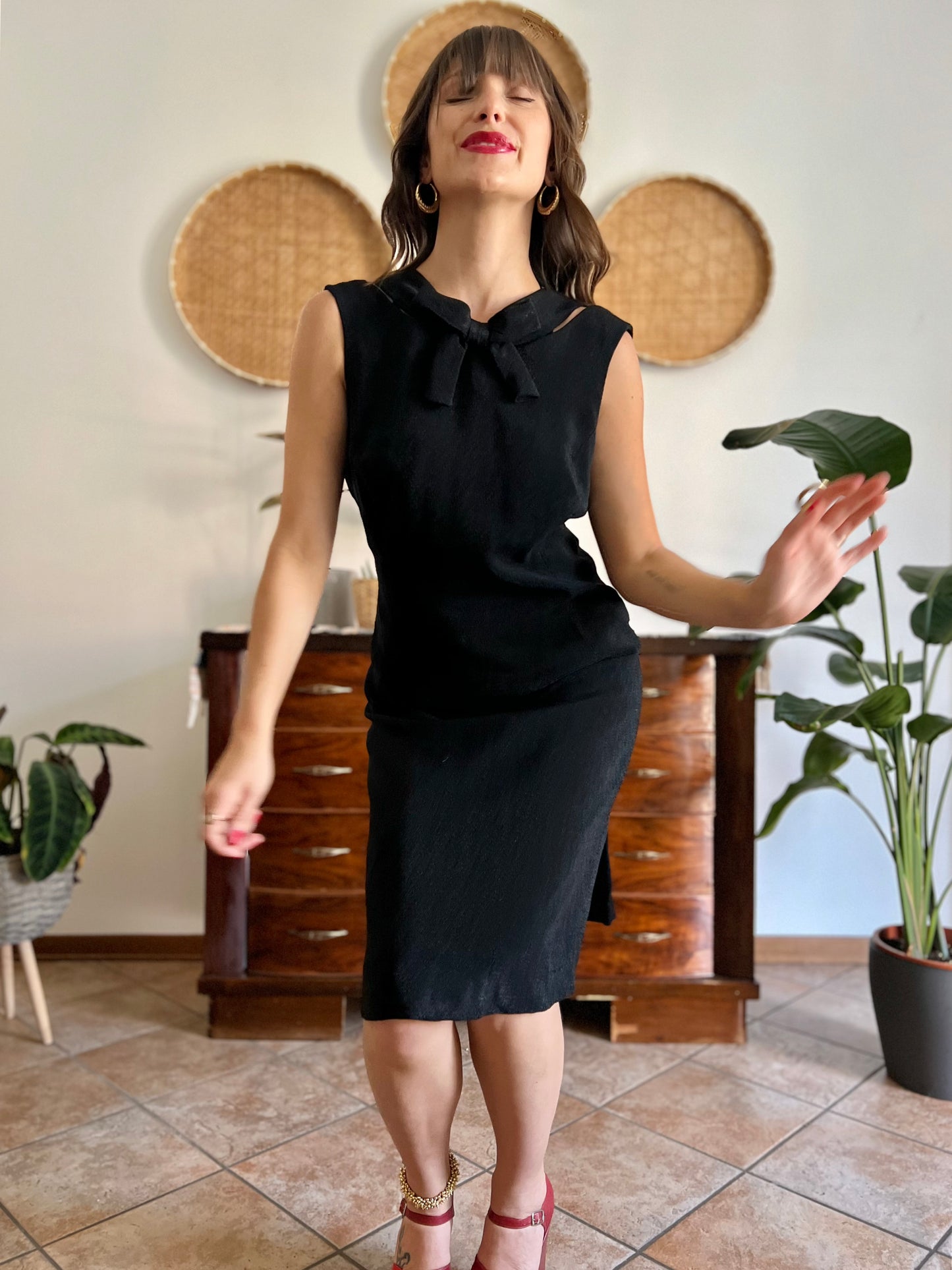 1970's vintage textured black metallic midi dress with bow detail