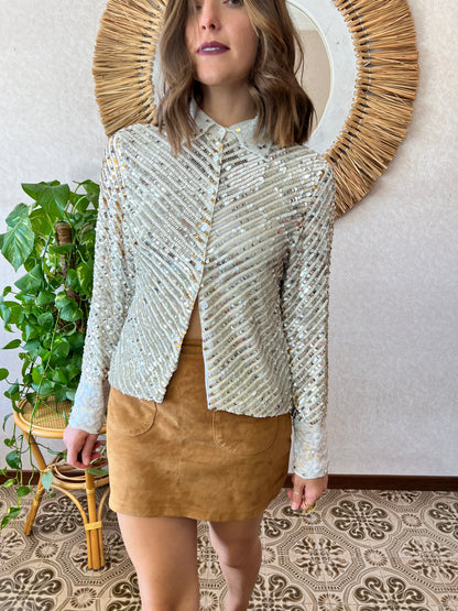 1990's vintage silver and gold sequin blouse with glass bead details