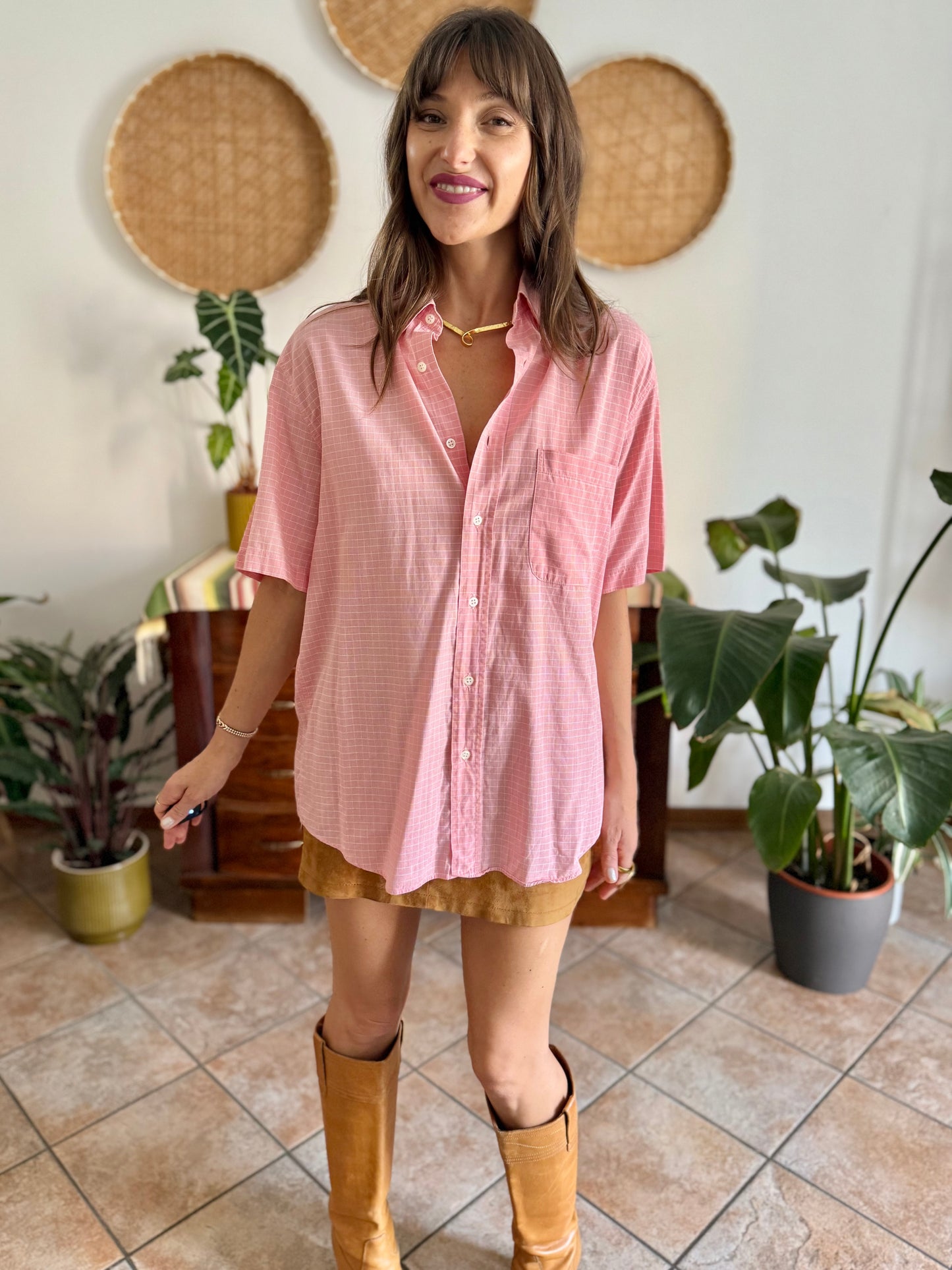 1970's vintage pink and white oversize checkered shirt