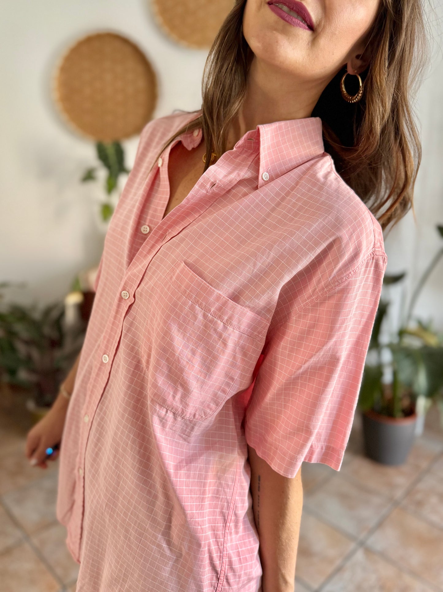 1970's vintage pink and white oversize checkered shirt