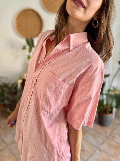 1970's vintage pink and white oversize checkered shirt