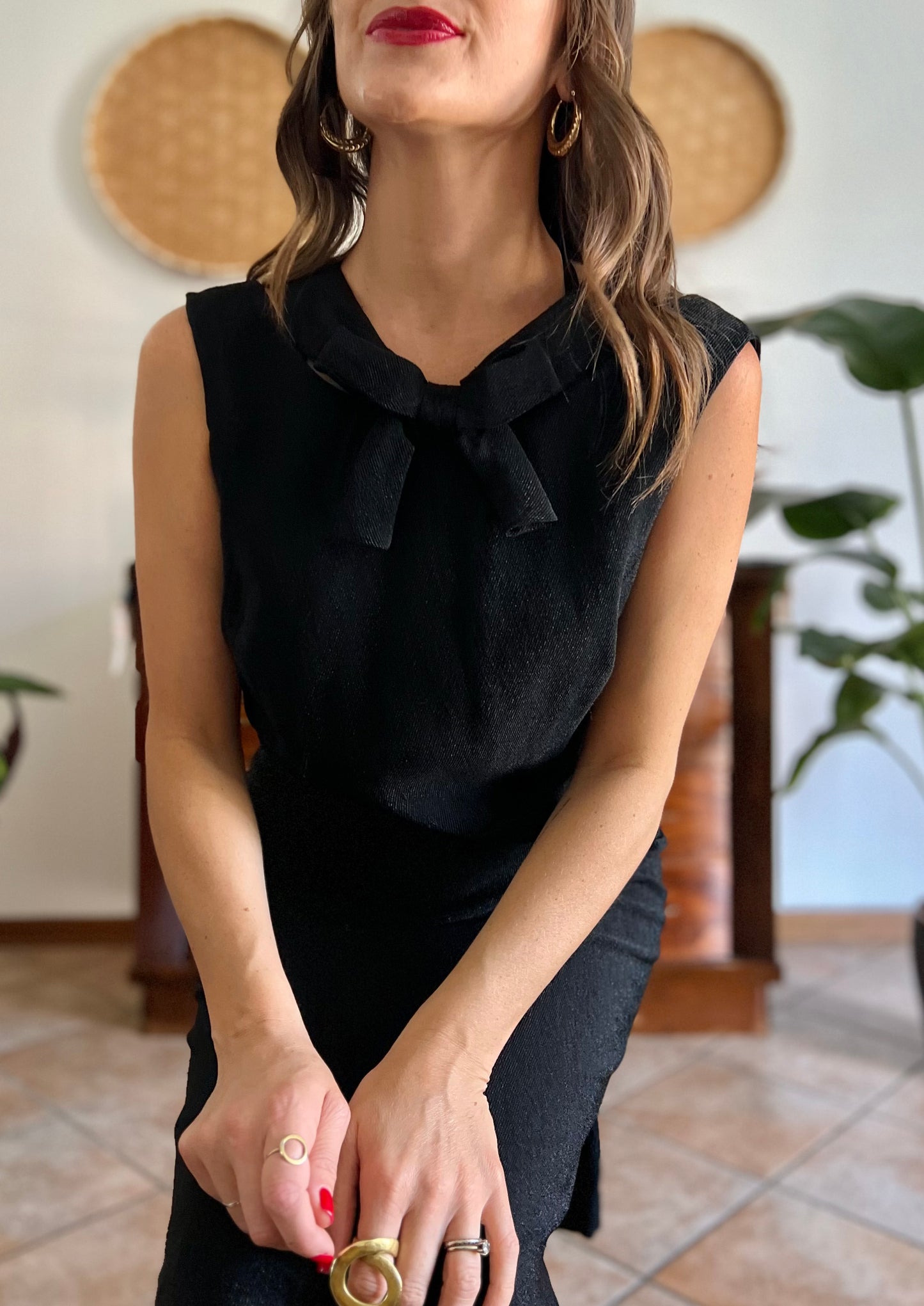 1970's vintage textured black metallic midi dress with bow detail