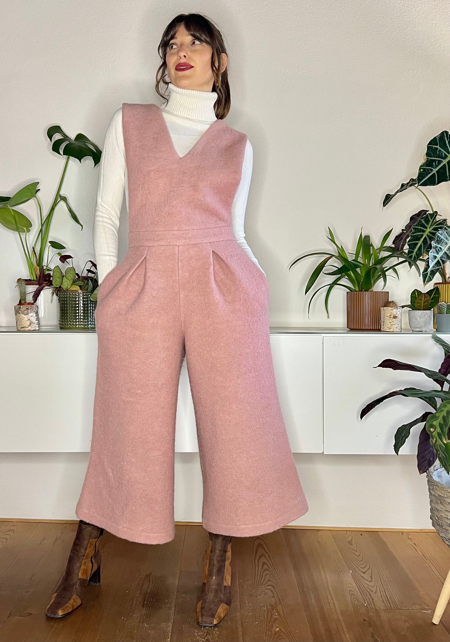 Light pink wool flare leg jumpsuit