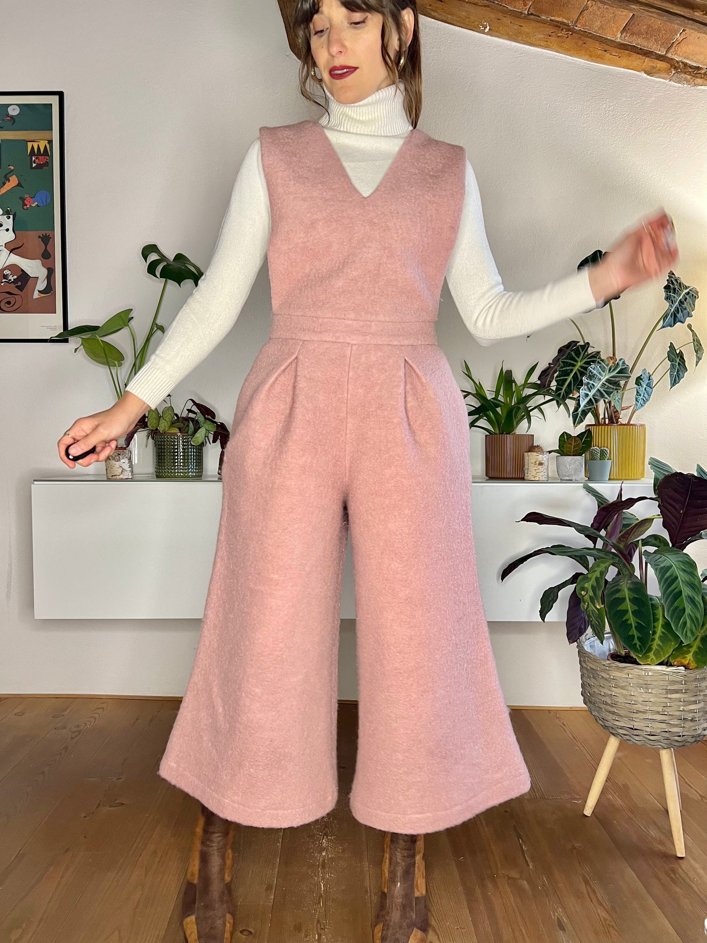 Light pink wool flare leg jumpsuit