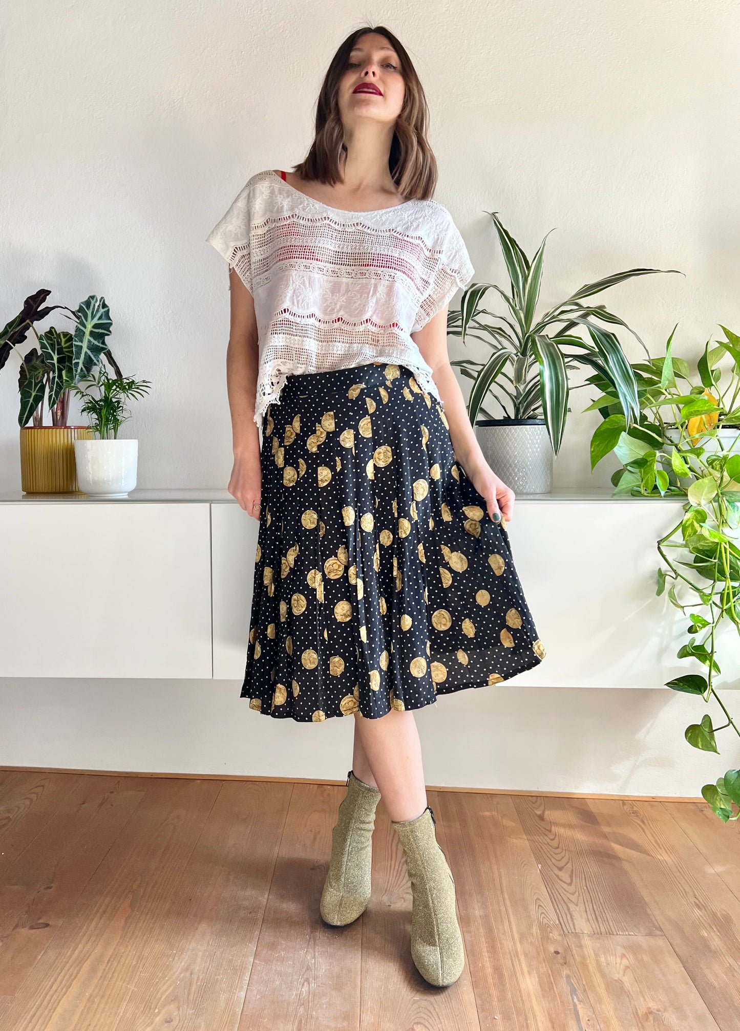 1970's vintage black and white polkadot pleated silk midi skirt with coin motif