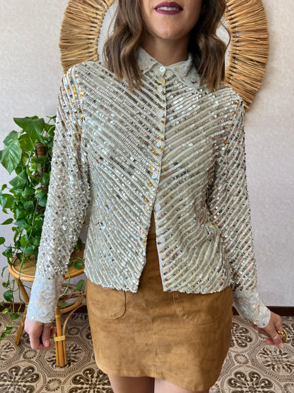 1990's vintage silver and gold sequin blouse with glass bead details