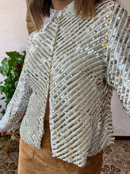 1990's vintage silver and gold sequin blouse with glass bead details