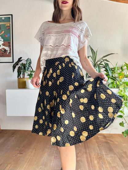 1970's vintage black and white polkadot pleated silk midi skirt with coin motif