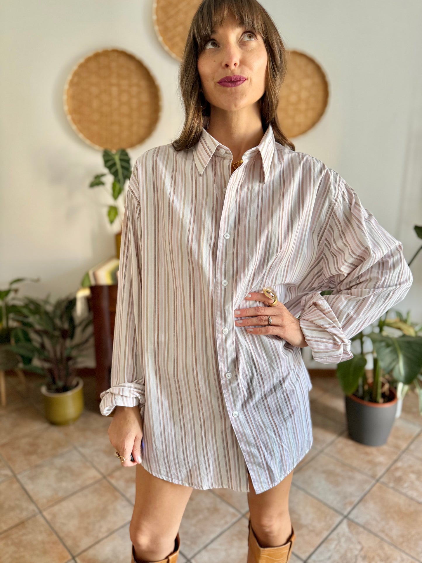 1990's vintage oversize white shirt with pink and tan vertical stripes