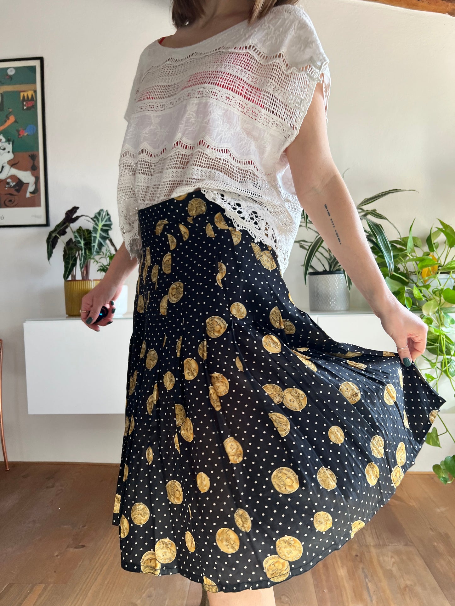 1970's vintage black and white polkadot pleated silk midi skirt with coin motif