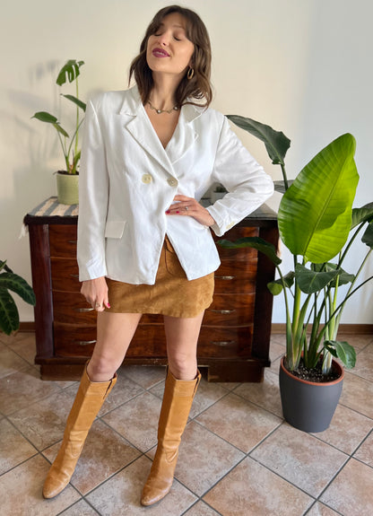 1970's vintage white waffle textured fitted blazer with oversize mother of pearl buttons