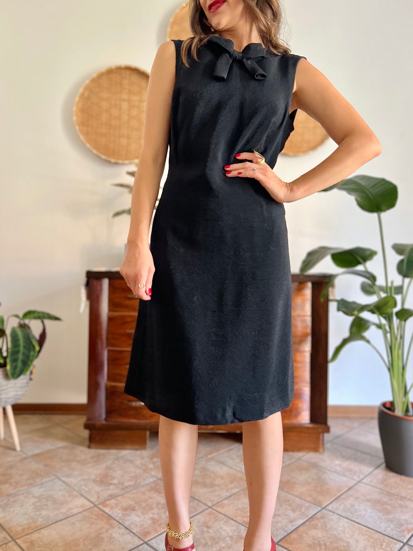 1970's vintage textured black metallic midi dress with bow detail